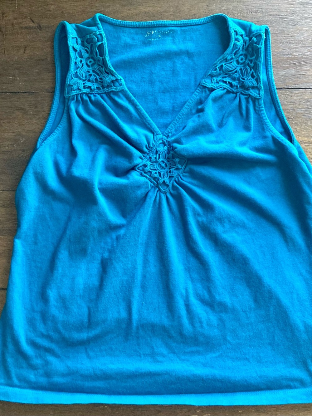 St. John's Bay Bright Teal Crochet Accent V-Neck Tank